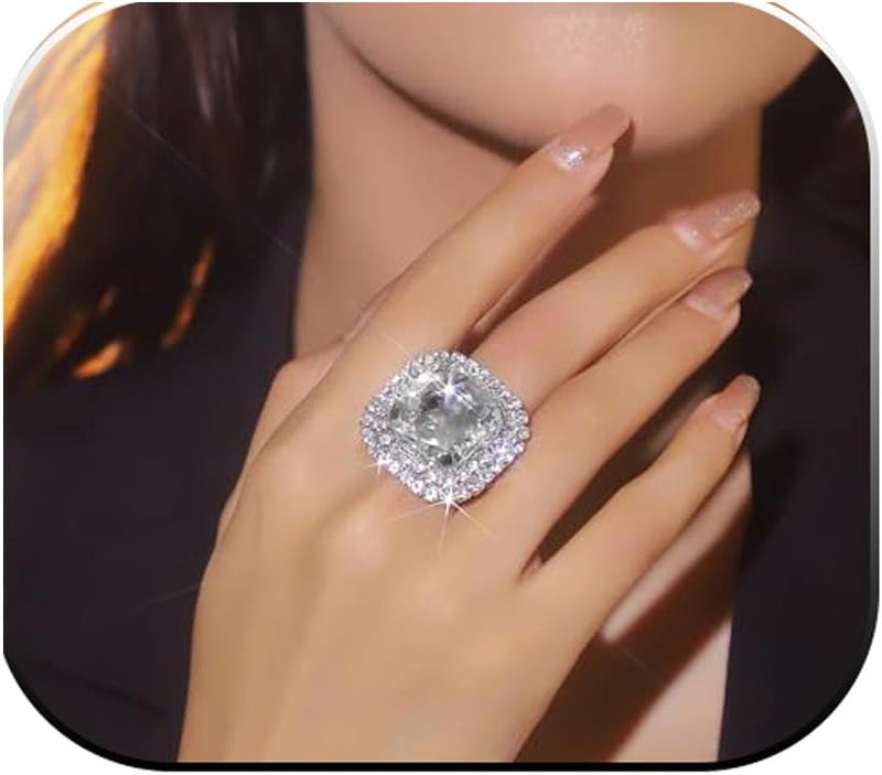 IS4U Sparkling Rhinestone Ring Bohemia Thick Large Oval Geometric Ring Square Princess Rings Fashion Heart Zircon Crystal Ring Prom Wedding Party Ball Rings for Women - Image 1